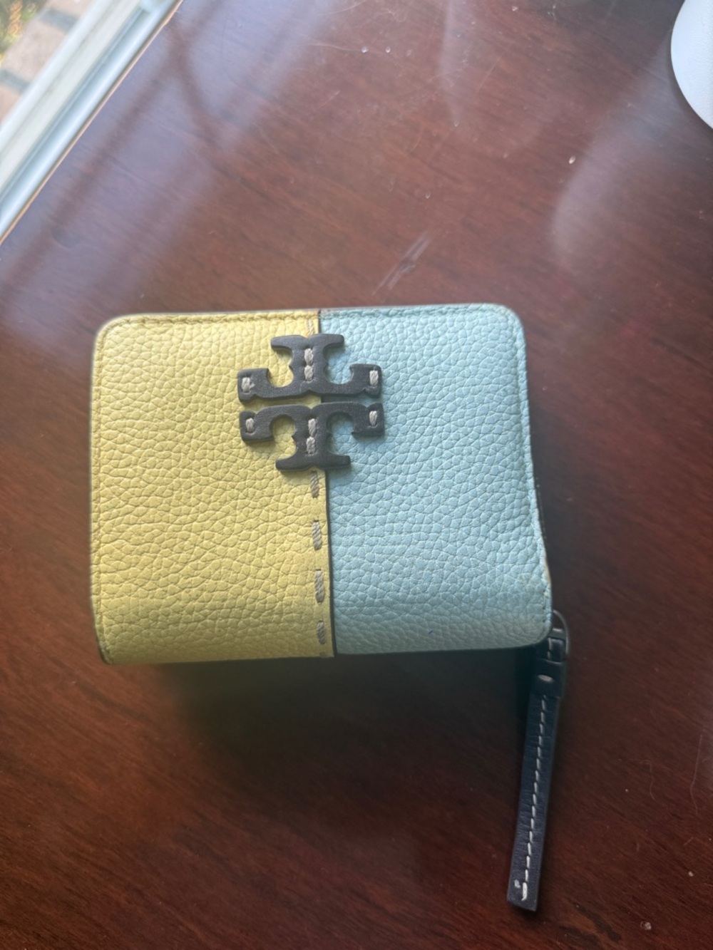 Tory Burch Two-Tone Pebbled Leather Zip Wallet in Yellow and Light Blue